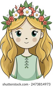 Vector illustration of a blonde girl adorned in a floral wreath