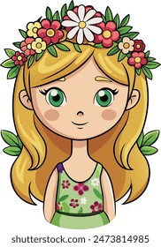 Vector illustration of a blonde girl adorned in a floral wreath