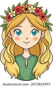 Vector illustration of a blonde girl adorned in a floral wreath