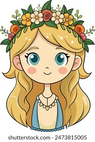 Vector illustration of a blonde girl adorned in a floral wreath