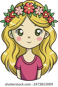 Vector illustration of a blonde girl adorned in a floral wreath