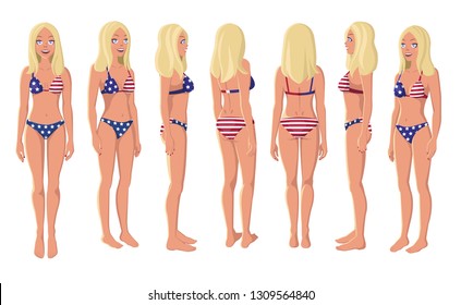 Vector Illustration of Blonde Girl in American Flag Swimming Suit on a White Background. Cartoon Girls Set. Flat Young Lady. Front View Woman. Side View Woman. Back Side View Woman. Seven Positions