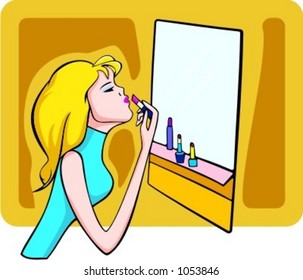 A vector illustration of a blonde girl applying a lipstick.