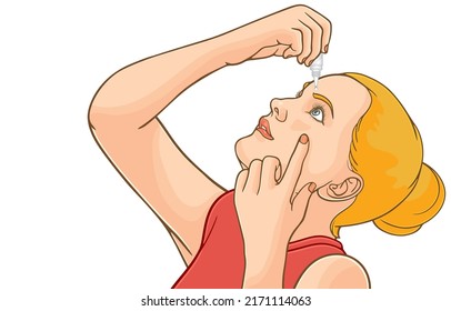 Vector illustration of blonde girl applying eye drop,vitamin drops,redness eyes,irritated eye,optical symptoms,eye lubricant,allergy or eye inflammation on white.Eye care,vision problems.