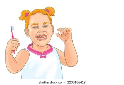 Vector illustration of blonde girl with blue eyes smiling,showing off first lost milk tooth in hand while brushing,dropping front baby tooth,isolated on white.Caring for health of child's gums,teeth.