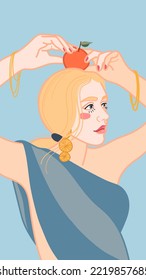 Vector illustration of a blonde girl in a draped dress holding a tangerine over her head.