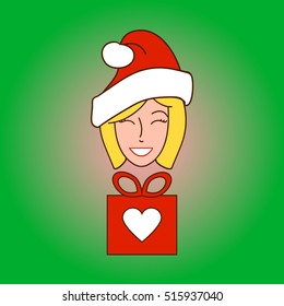 Vector illustration of a blonde girl in Santa Claus hat and a red gift box with ribbon bow and white heart. Christmas gifts concept. Gift store design elements. New Year gifts concept.
