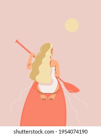Vector illustration of blonde girl sitting on a SUP board in the sea