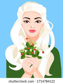 vector illustration blonde girl with wild strawberry