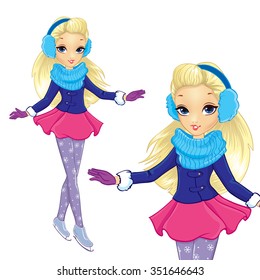 Vector illustration of blonde girl in winter clothes skates