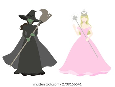 Ilustración vectorial de una rubia bruja buena y una bruja malvada de piel verde. Dos personajes de brujas del Mago de Oz en fantasía y cuentos de hadas.