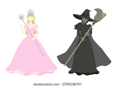Ilustração vetorial de uma bruxa loira boa e uma bruxa má de pele verde.Dois personagens bruxas do Mágico de Oz em fantasia e contos de fadas.