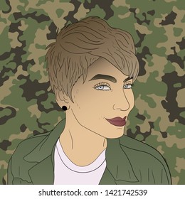 Vector illustration of a blonde short haired girl with army pattern background