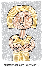 Vector illustration of a blonde smiling woman with hands folded. Happy lady drawing, joyful female. 