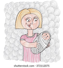 Vector illustration of blonde smiling woman holding a newborn child. Drawing of happy lady with baby, young mother. 
