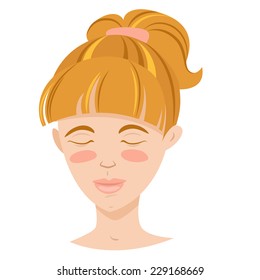 Vector Illustration Blonde Smiling Young Woman With Hair Tail. Eyes Closed