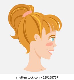 Vector illustration Blonde smiling young woman profile with hair tail.