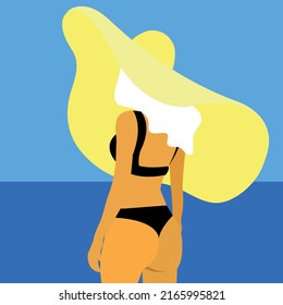 Ilustración vectorial de una mujer rubia en bikini negro y sombrero grande mirando el océano azul