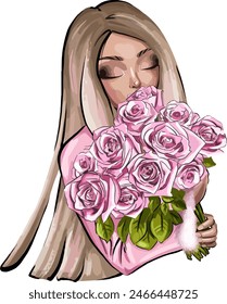 Vector illustration of a blonde woman with a bouquet of pink roses. Design for wedding, birthday, women's day, valentine's day, anniversary, dating, gifts