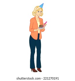 Vector illustration with blonde woman in party with cake