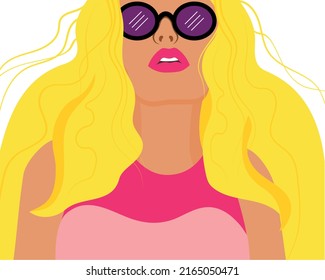 Vector illustration of blonde woman with pink lips in violet sunglasses
