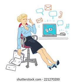 Vector illustration with blonde woman sitting on a chair at the workplace in the office