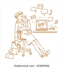 Vector illustration with blonde woman sitting on a chair at the workplace in the office