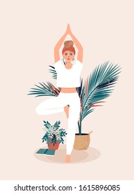Vector illustration of blonde woman is standing in a tree pose from yoga  surrounded by pots of tropical plants