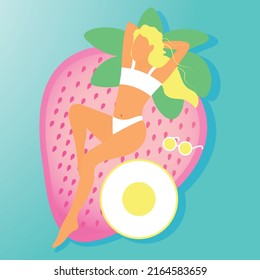 Vector illustration of blonde woman sunbathing in the swimming pool