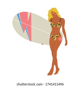 Vector illustration blondy girl holding the longboard. Inspirational women illustration