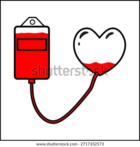 Vector illustration of a blood bag connected to a heart. Conceptual design for medical donation, life-saving care, and customizable health icons.