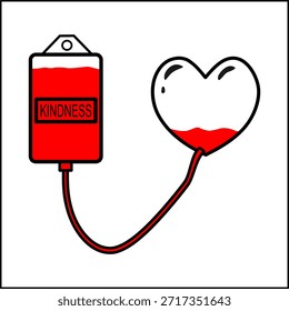 Ilustración vectorial de una bolsa de sangre que infunde bondad en un corazón. Metáfora conceptual de la empatía, la caridad, la donación de sangre y la Asistencia mental.