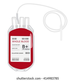 Vector illustration blood bag with label B positive blood isolated on white. Donate blood concept. Realistic blood bag
