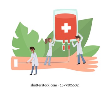 Vector illustration of blood donation concept with people. Standing woman and men holding disposable blood bag and big arm isolated on white used for donor day poster, hospital website, magazine