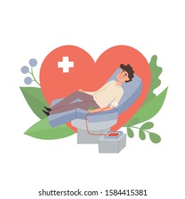 Vector illustration of blood donation concept with man lying in the chair and giving blood isolated on white used for donor day poster, hospital website, magazine