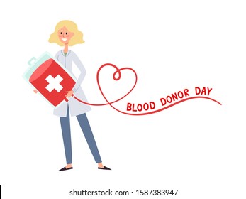 Vector illustration of blood donation concept with standing woman nurse holding disposable blood bag and shape of heart isolated on white used for donor day poster, hospital website, magazine