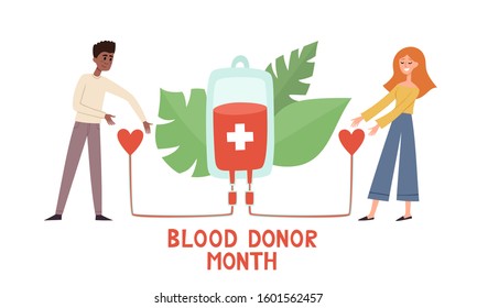 Vector illustration of blood donation concept with people. Standing european woman giving blood to african man holding heart isolated on white used for donor month poster, hospital website, magazine