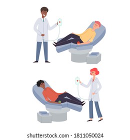 Vector illustration of blood donation concept with people in flat style. Lying men giving blood and doctors isolated on white used for donor day poster, hospital website, magazine