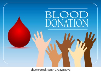 Ilustración vectorial de la donación de sangre con armas multirraciales elevadas. Concepto de solidaridad, caridad, salud.