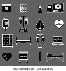 Vector illustration of blood donation process with medical icons, including bags, drops, and hands. Perfect for healthcare and awareness projects.