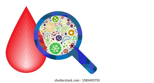 vector illustration of blood drop and bacteria and magnifier for hematologic diseases and sepsis problems visuals