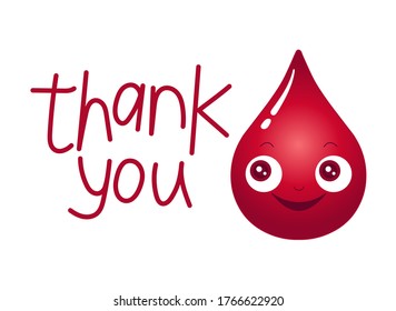 Ilustración vectorial del carácter de gota de sangre. efecto 3D. Gracias, eslogan de los donantes. Pequeña gotita roja. Bien por el logo, el afiche, las tarjetas de papel para el día 14 de junio de donante de sangre mundial.