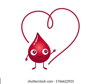 Vector illustration of blood drop character with heart. Cute and kind little red droplet. Good for logo, stickers, poster, paper cards for world blood donor day 14th june.