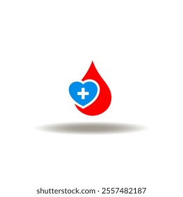 Vector illustration of blood drop and heart with medicine cross. Symbol of blood donation.