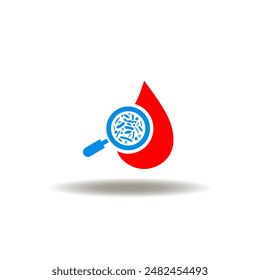 Vektorillustration von Blutstropfen und Lupe mit Viren oder Bakterienzellen. Symbol für Sepsis. Symbol für die Suche und den Test von Blutkrankheiten.