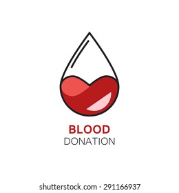 Vector illustration of blood drop with stylized heart inside. Blood donation logo. Concept of human mutual aid, kindness 