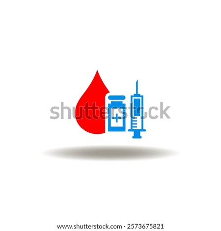 Vector illustration of blood drop with vial and syringe. Symbol of blood injection. Icon of blood transfusion. Pictogram of treatment.