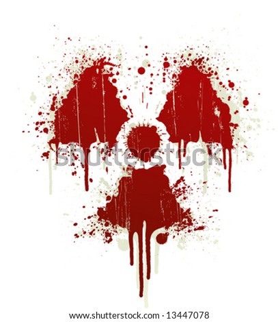 Vector illustration of a blood splatter design element in the shape of the radioactive symbol. Shadow on separate layer.