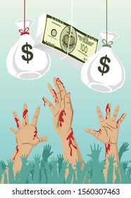 vector illustration of bloody hands try to get money