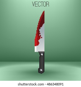 Vector illustration. Bloody kitchen knife pixel art icon. Old game element. EPS 8.